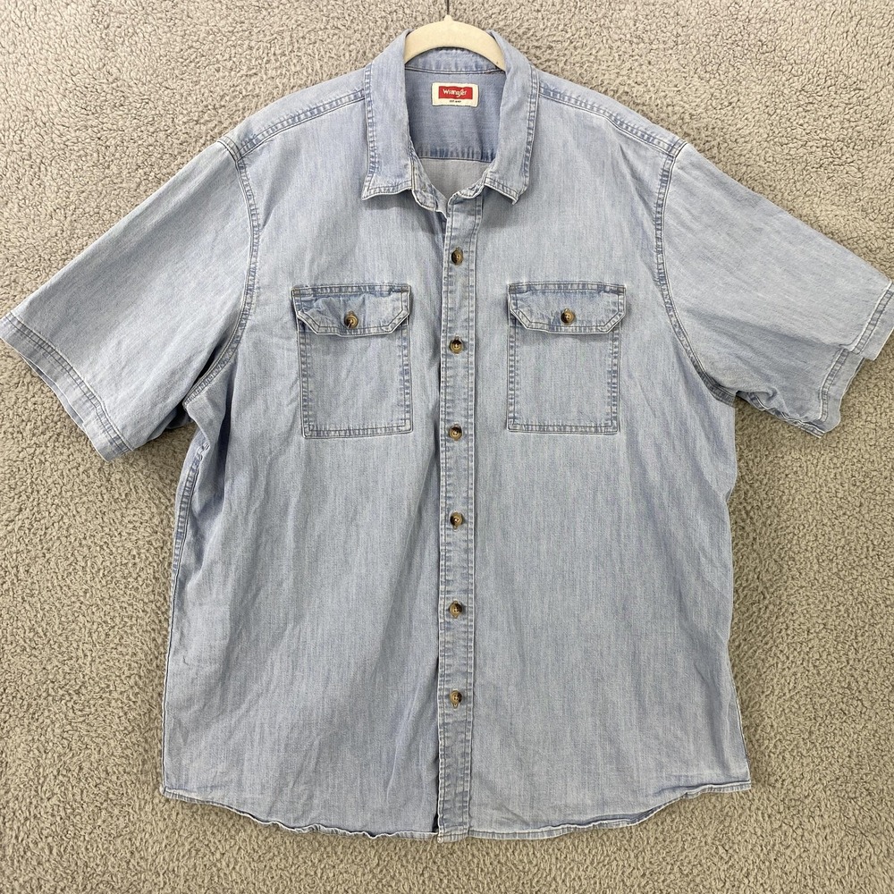 Wrangler Shirt Mens XL Light Blue Denim Chambray Short Sleeve Button Up Western